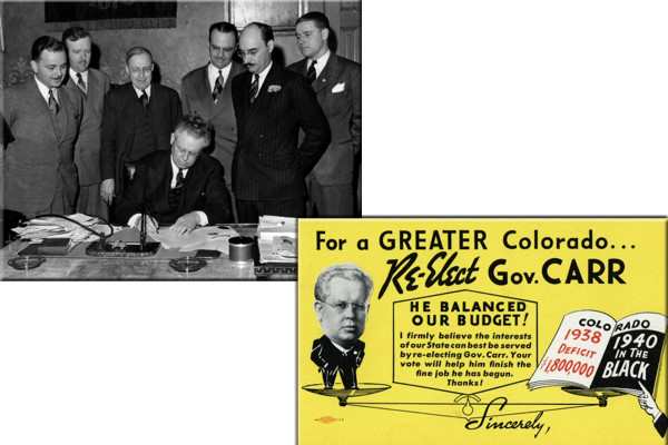 Governor Carr signing documents at the Capitol. Re-election for governor promotional postcard.(credit: History Colorado)