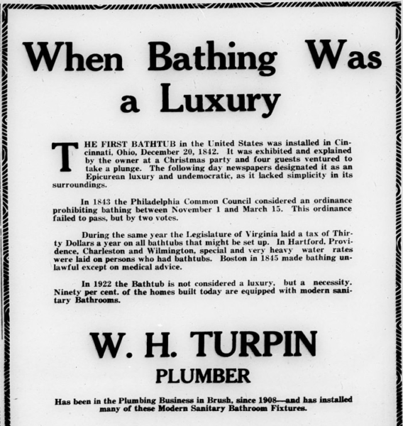 When bathing was a luxury... W.H. Turpin Plumber, Advert.