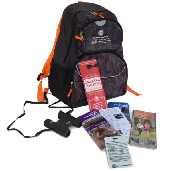 Check Out State Parks backpack, pass, binoculars, brochures