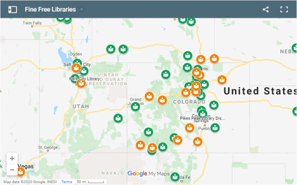 Map showing libraries that have gone fine free, centered on Colorado.