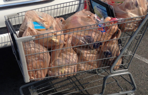 shopping cart full of groceries in plastic bags