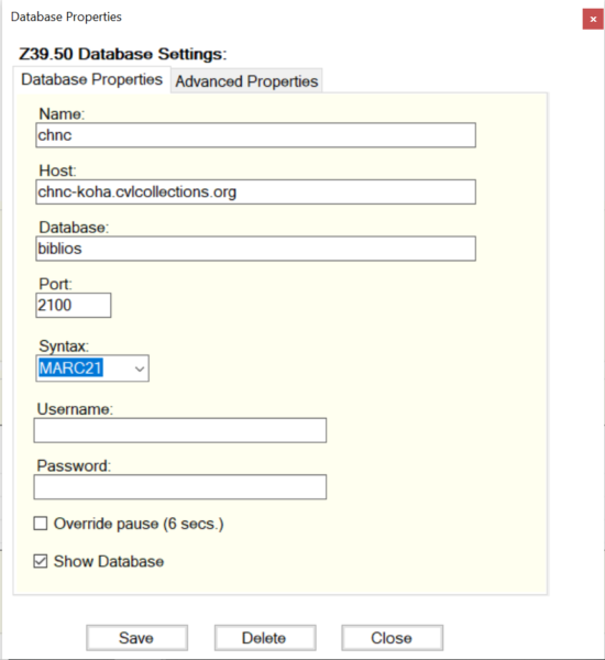 z39.50 database settings